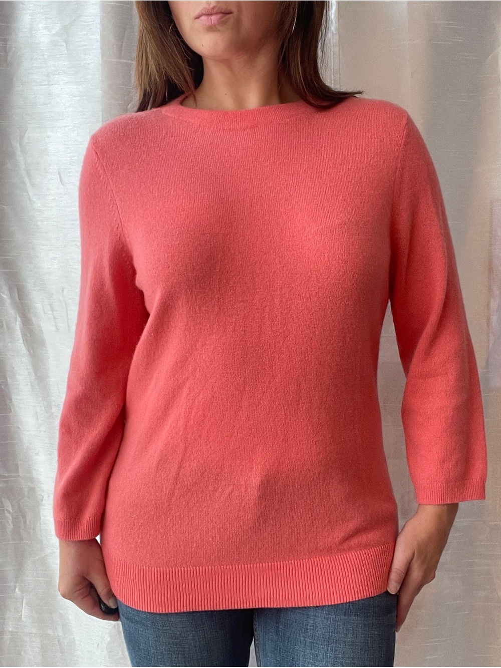 Talbots 100% Cashmere Crewneck Sweater Coral Pi3/4 Sleeve Quiet Luxury Large